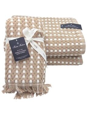 Brooks Brothers 4pc Turkish Cotton Towel Set Tan & White Raised Dots 2Bath 2Hand